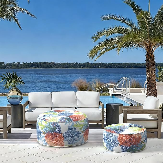 LVTXIII Outdoor Inflatable Footrest Stool, Patio Water Repellent Ottoman with Handle, Portable Round Ottoman Pouf for Garden, Balcony or Home Use, 21x21x9 Inch, Coral Multi