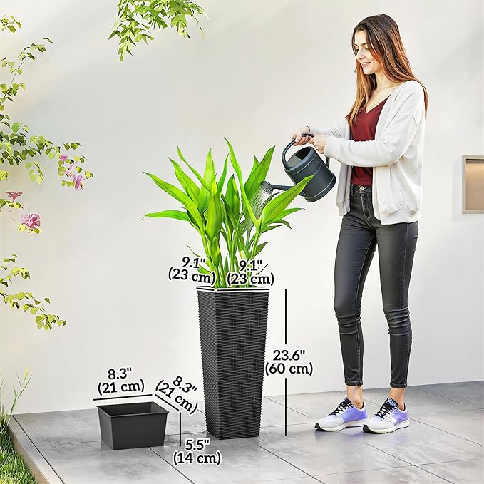 Outsunny 23.6 Inch Tall Planters for Outdoor Plants, Set of 2 Plastic Rattan-Like Flower Pots with Drainage Holes, Stackable Tapered Planters for Indoor Plants, Front Porch, Black