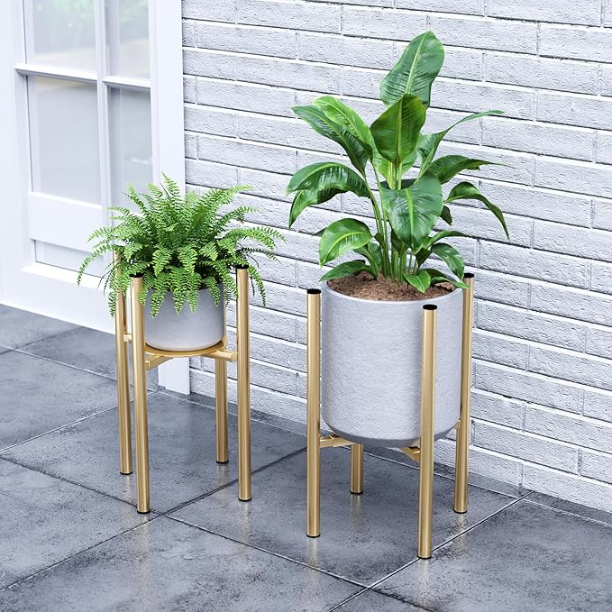Plant Stand Indoor for 2 Height Options ,Mid Century Modern Outdoor Planter Holder,Corner plant stand Capacity of 160LB for 8 to 14 Inch Pots Golden with Round Plate 2 Pack