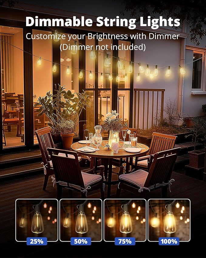 VIPAR Outdoor String Lights 25FT LED Patio Lights IPX5 Waterproof with 10+1 ST38 Shatterproof Edison Bulbs, 2700K Connectable Outside Hanging Light for Porch, Garden, Backyard, Deck, Balcony, Decor