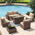 Aoxun 7 Piece Patio Furniture Set with Wide Armrests & 44” Fire Pit Table Wicker Rattan Outdoor Sectional Sofa Set with Coffee Table and Thickened Cushions, Brown/Beige(Waterproof Cover Included)