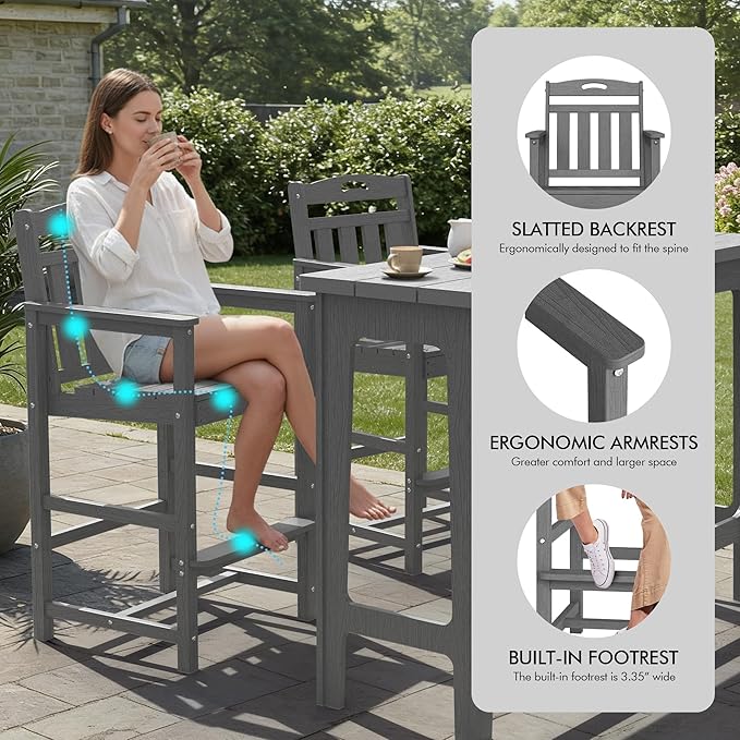 Ciokea Outdoor Bar Height Table Set of 5, 60" Extra Long Rectangle High Top Table and 4 Oversized Adirondack Chairs Set, Heavy-Duty All-Weather HDPE Patio Bar Set for Backyard Balcony Deck, Grey