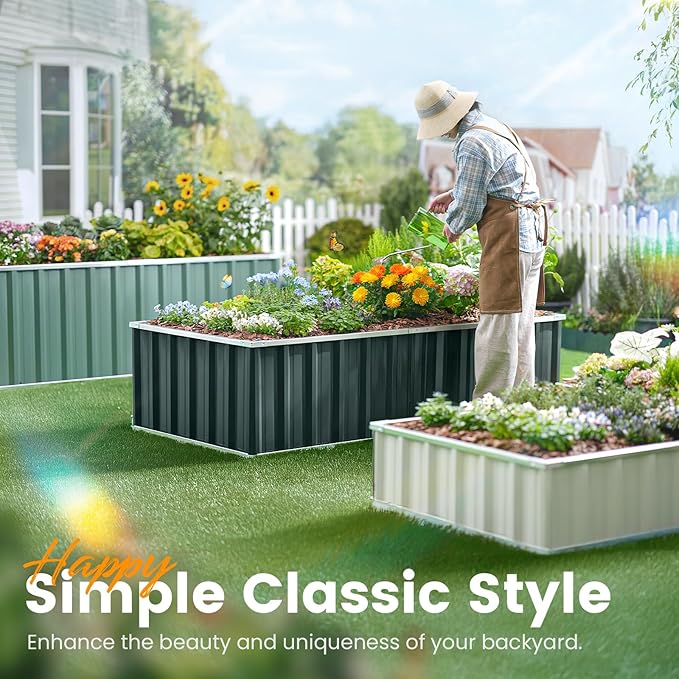 KING BIRD Raised Garden Bed 68" x 36" x 12" (2 Packs) Galvanized Steel Metal Outdoor Planter Kit Box for Vegetables, Flowers, Fruits, and Herbs, Ivory