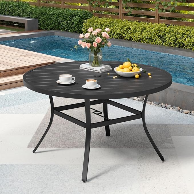 MELLCOM 53'' Round Outdoor Dining Table for 6, Metal Patio Dining Table with Umbrella Hole, All-Weather Black Table for Porch, Garden, Backyard, Poolside, Lawn