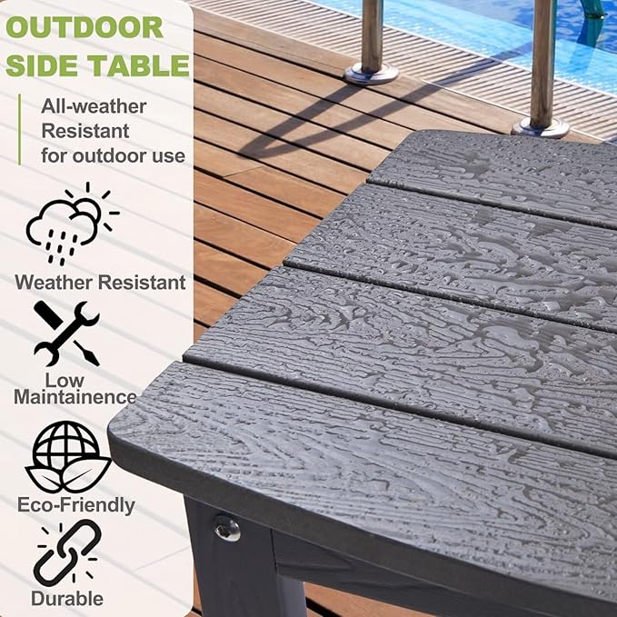 Y&M Outdoor Side Table, HIPS Adirondack Small Single Table, Waterproof Square Outside Table, Balcony Modern End Tables for Patio, Pool, Beach, Porch, Deck, Indoor or Outdoor Use, Dark Gray