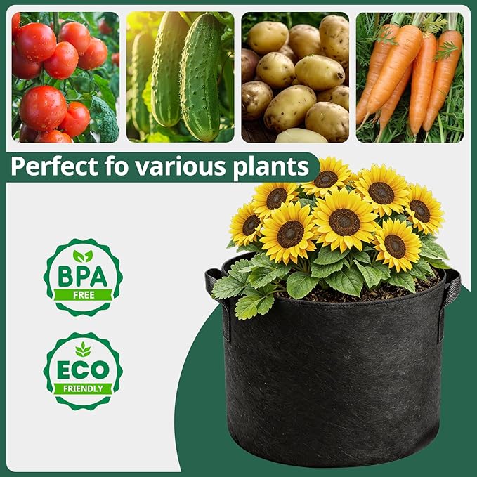5 Pack 10 Gallon Thickened Grow Bags, Aeration Nonwoven Fabric Planting Bags with Handles, Heavy Duty 300G Garden Planter Pot for Tomato, Potato, Strawberry, Vegetable, Fruits and Flowers