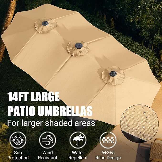LEVELEVE 14FT Double-Sided Patio Umbrella with Base Included, Large Outdoor Rectangular Market Umbrella for Backyard, Poolside, Lawn & Garden, Khaki