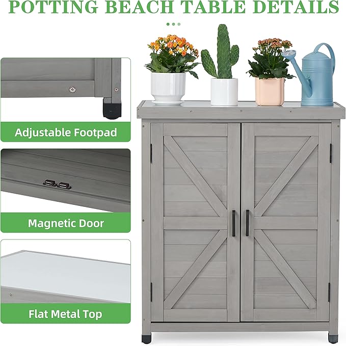 Outdoor Potting Bench with Storage Cabinet and Metal Top, Wood Workstation for Outdoor Patio, Garden (Dark Grey, 31x17x36‘’)