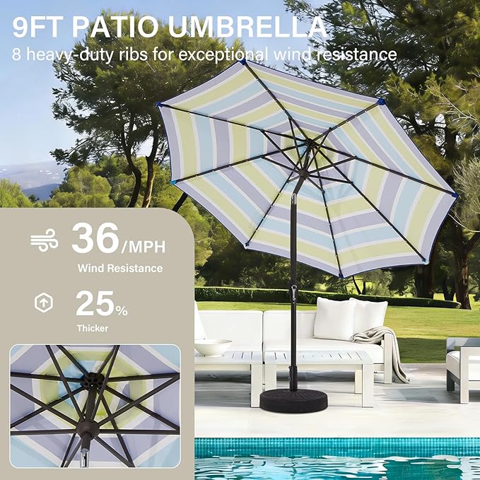 MEWAY 9ft Patio Umbrella Outdoor Table Umbrellas with Push Button Tilt and Crank, Market Umbrella 8 Sturdy Ribs for Deck, Garden, Pool and Backyard, Blue-Green Stripe