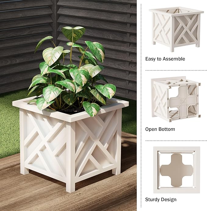 Lattice Design Outdoor Planter Box - 14.75” Square 13” Tall White Plant Pot - Decorative Plant Pots for Front Porch Decor - Flower Pots Outdoor Planters for Porch Patio or Garden Decor by Pure Garden