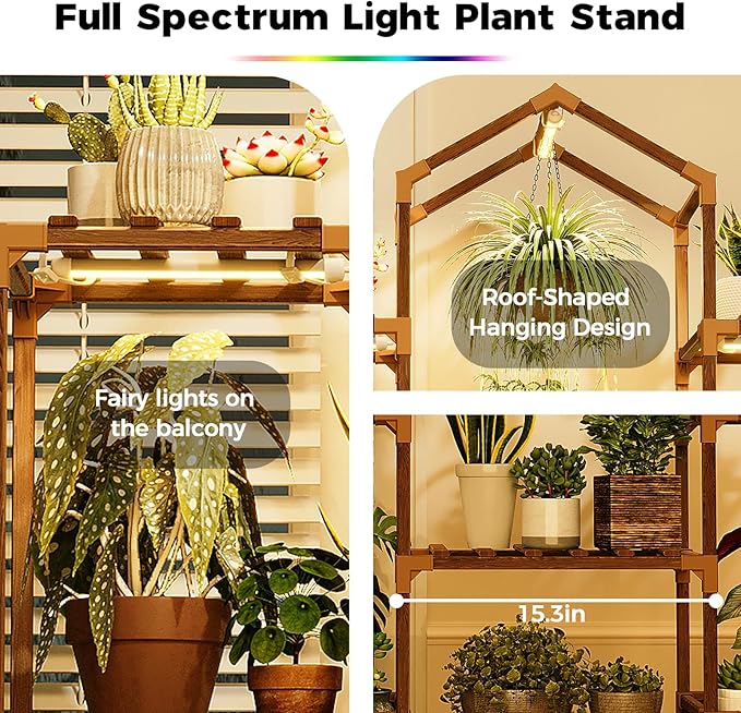 Bamworld Plant Stand Indoor with Grow Lights Wood Plant Shelf for Hanging Planter Pots Display Flower Stand for Living Room Patio Garden Decor