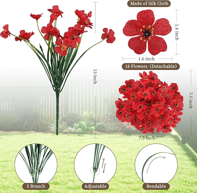 24 Red Bundles Artificial Flowers for Outdoors/Indoors Fake Flowers Plants for Indoor Outside Garden Porch Window Box Home Wedding Farmhouse