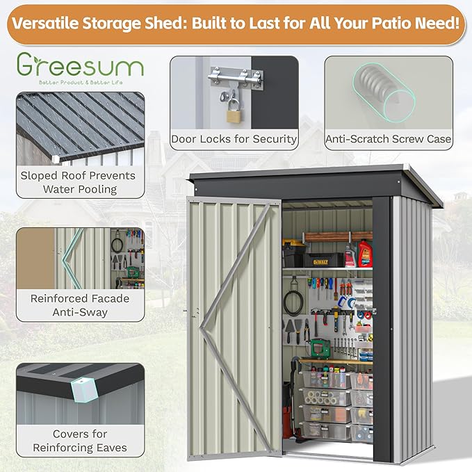 Greesum 5×3 FT Outdoor Storage Shed, Metal Storaged Sheds Without Floor, Tool Sheds with Lockable Doors and Sloping Roof for Garden, Patio, Backyard, White