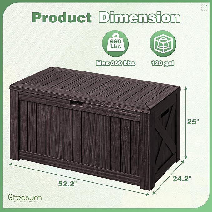 Greesum Outdoor Storage Box 120 Gallon Storage Bin with Lid for Patio Furniture, Garden Tools, Pool Supplies, Lockable, Waterproof and UV Resistant, Dark Brown