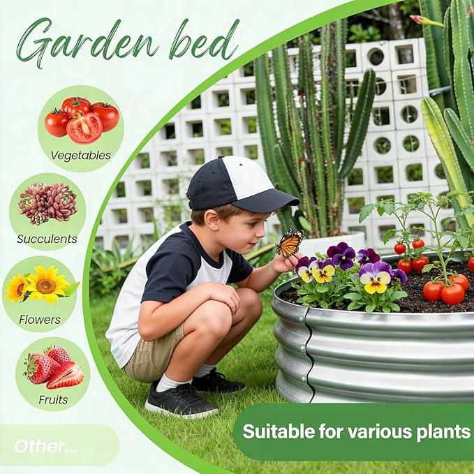 Round Galvanized Raised Garden Bed Kit, Round Galvanized Planter for Vegetables/Herbs/Flowers Heavy-Duty Steel Outdoor Water Trough (Silver, 5X5X1FT)