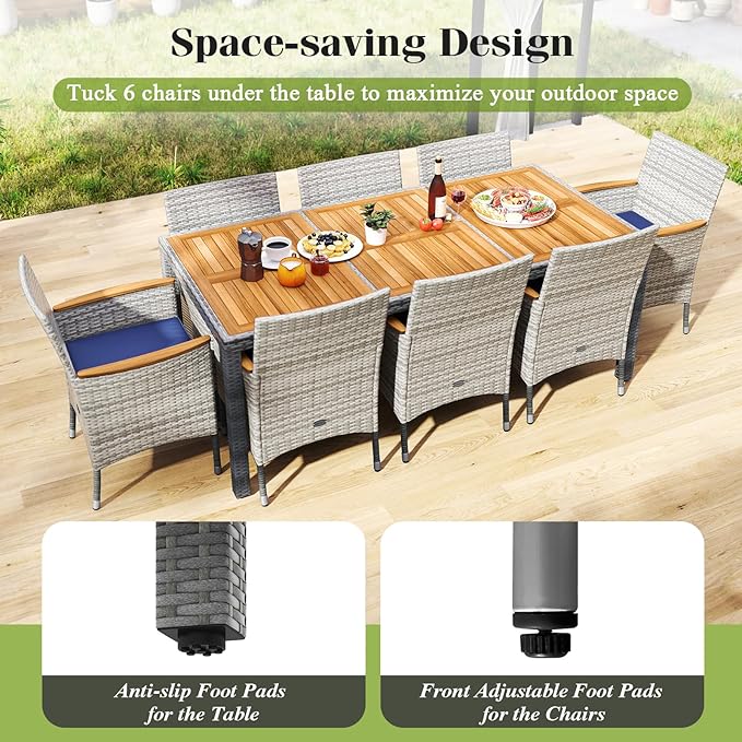 Tangkula 9 Pieces Rattan Outdoor Dining Set for 8, Outdoor Acacia Wood Table Set with 8 Cushioned Wicker Chairs, Umbrella Hole, Patio Dining Furniture Set for Deck Pool Backyard