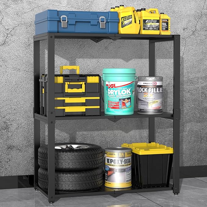 3-Shelf Storage Shelving Unit Metal Rack Heavy-Duty 28"x13.5"x33.5" for Garage, Kitchen and Bedroom Layers Increased Black