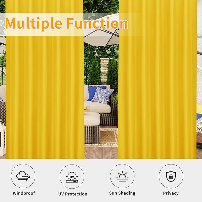 Easy-Going Outdoor Patio Curtains Detachable Tab Top Windproof Weatherproof Curtain for Cabana, Porch, Pergola and Gazebo, Tab Bottom Drape, 2 Panels, 54W x 108L inch, Yellow