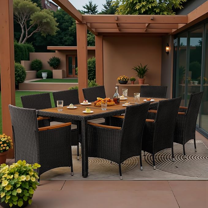 Greesum 9 Pieces Outdoor Patio Dining Set, Conversation Sets with 1 Table and 8 Rattan Chairs with Curved Acacia Wooden Armrests and Cushions, Black