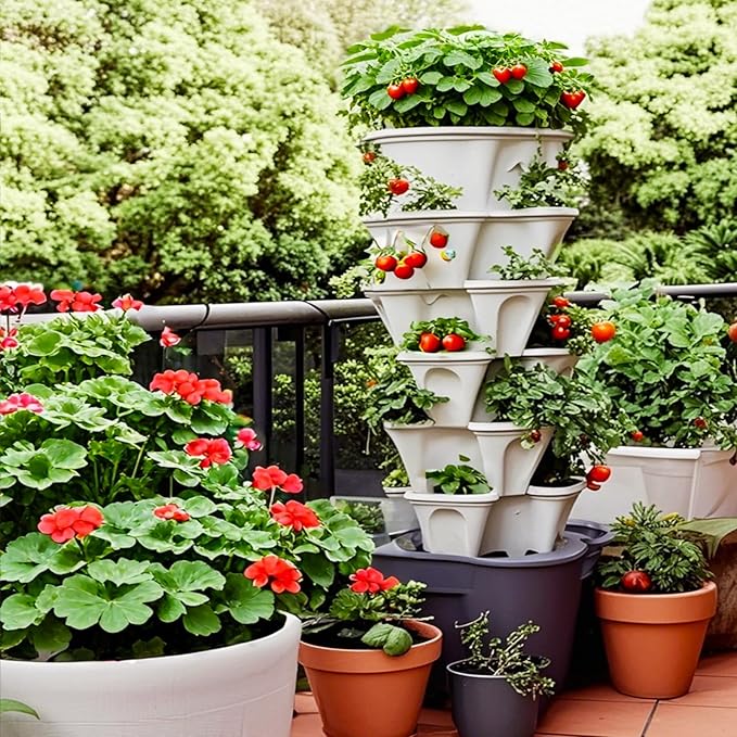 Strawberry Planters, 3 Tiered Vertical Stackable Planter, Herb Stacking Tower Garden, Flower Vegetable Planters with Support Pole, Indoor & Outdoor with Removable Wheels - White