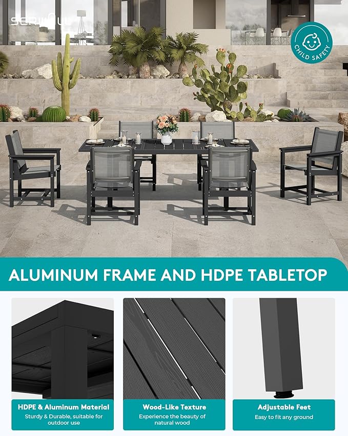 SERWALL 9-Piece Outdoor Dining Set, 60" - 83" Expandable Patio Dining Table with 6 Breathable Textilene Chairs, All Weather HDPE Patio Furniture Set for Backyard, Garden, Black