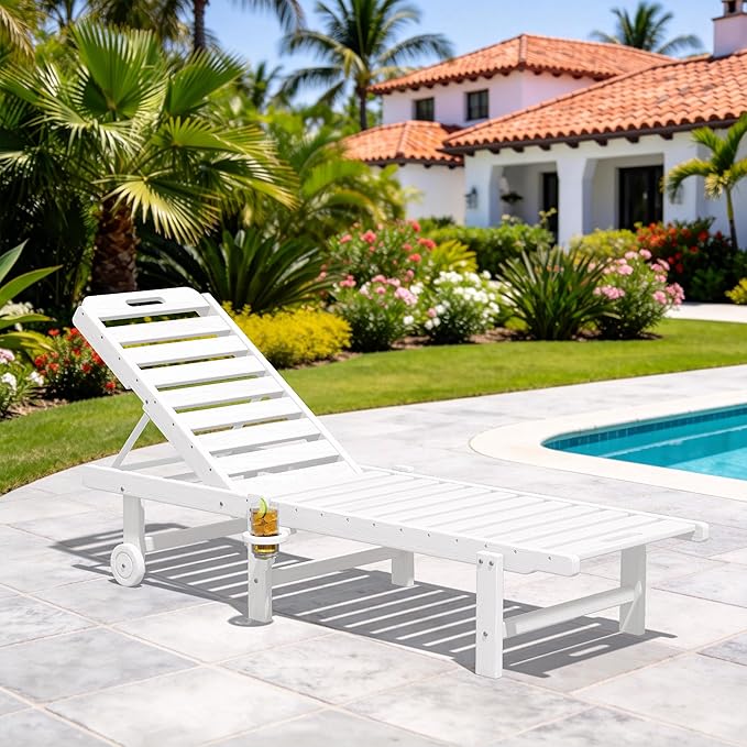 SERWALL Outdoor Chaise Lounge Chair, Pool Lounge Chair with 5 Positions Adjustable Backrest, HDPE Lounger with Rolling Wheels & Cup Holder for Poolside, Beach, Garden, White