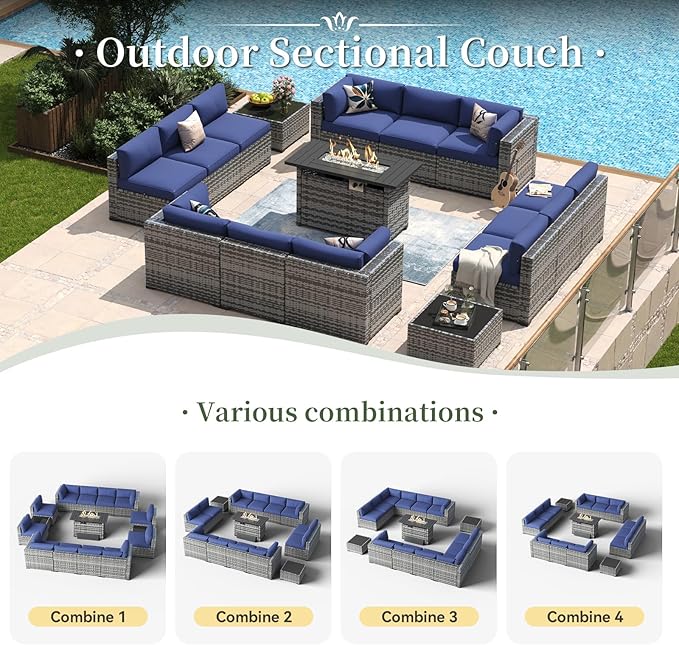 Aoxun 15 Piece Patio Furniture Set with 44” Fire Pit Table Wicker Rattan Outdoor Sectional Sofa Set with Coffee Table and Thickened Cushions, Grey/Blue (Waterproof Cover Included)