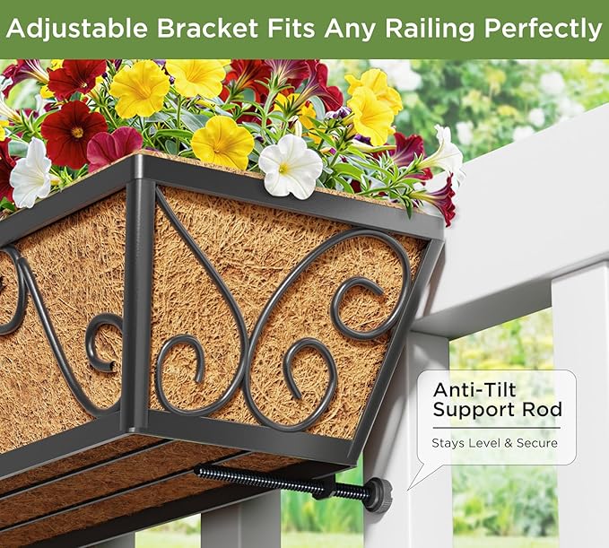 Y&M 30 Inch Butterfly Window Deck with Coco Liner, Fence Metal Hanging Flower Planter Window Basket Deck Railing Planter Boxes for Outdoor Garden Lawn 4pcs