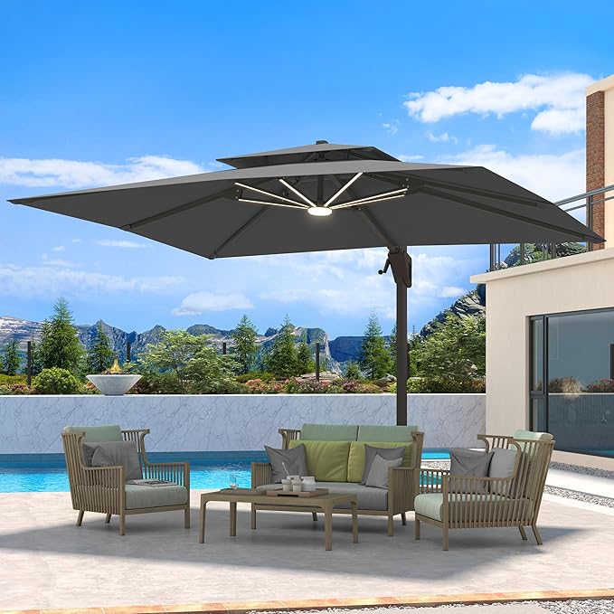 10 X 13 FT Cantilever Patio Umbrella with LED Lights Outdoor Heavy Duty Double Top Windproof Rectangle Offset Umbrellas with 360-degree Rotation for Pool Deck Backyard, Grey