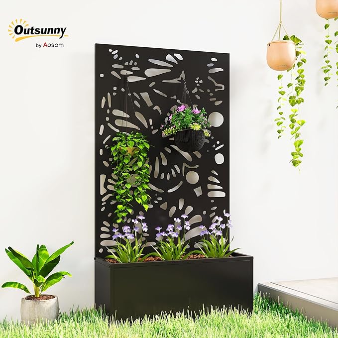 Outsunny Metal Raised Garden Bed with Trellis for Climbing Plants, Freestanding or Wall Mounted Flower Bed with Privacy Panel, Butterfly Cut-Out Outdoor Planter Box for Garden, Patio, Balcony