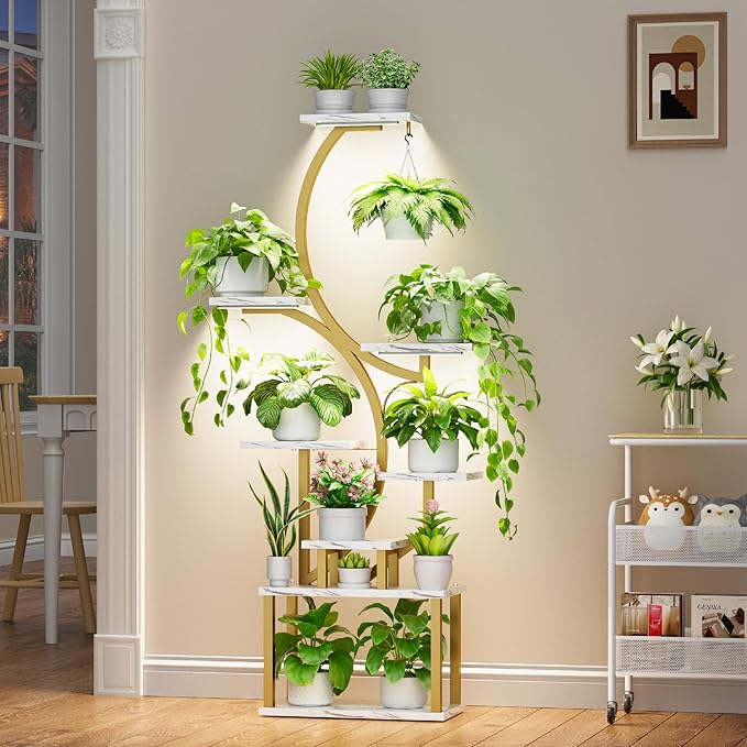 Plant Stand Indoor with Grow Lights - 62" Tall Plant Shelf, Lighted Corner Plant Stands for Indoor Growing, 8 Tiered Large Flower Holder, S-Shaped Plants Rack for Living Room, Bedroom, Faux Marble