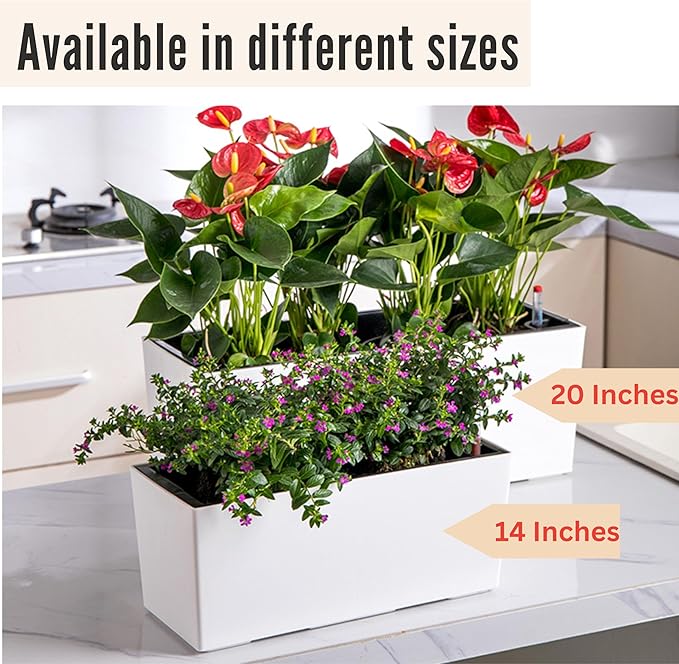 LaLaGreen Wall Planter for Outdoor (2 Pack, 14 Inch) Wall Mounted Self Watering System White Flower Box with Bracket, Window Wall Hanging Rectangular Plant Pot Container Indoor Modern Herb Kitchen
