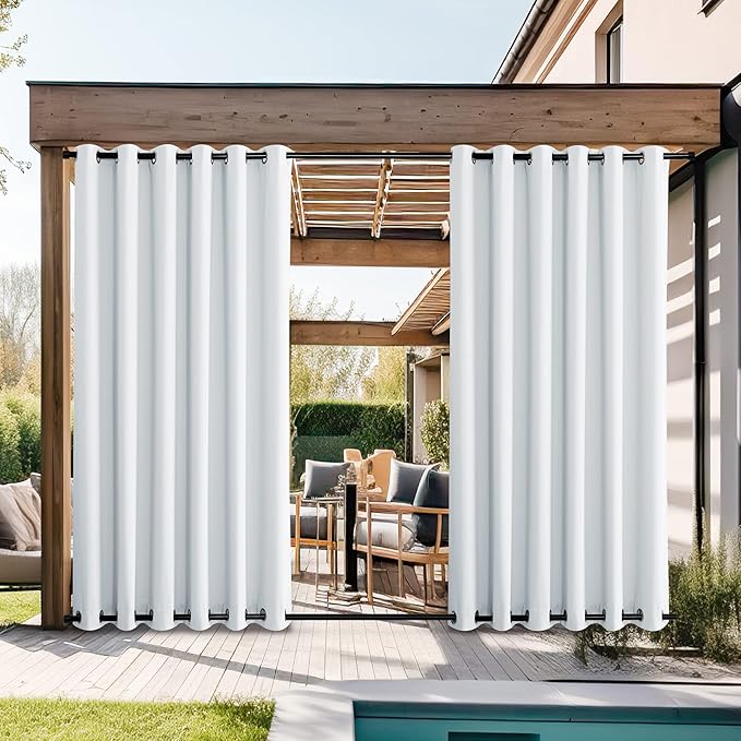 NICETOWN 2 Panels Outdoor Curtains for Patio Waterproof Grommet Top & Bottom, Windproof Thermal Insulated Heat & Sound Blocking Outdoor for Pergola Gazebo, Greyish White, W84 x L84