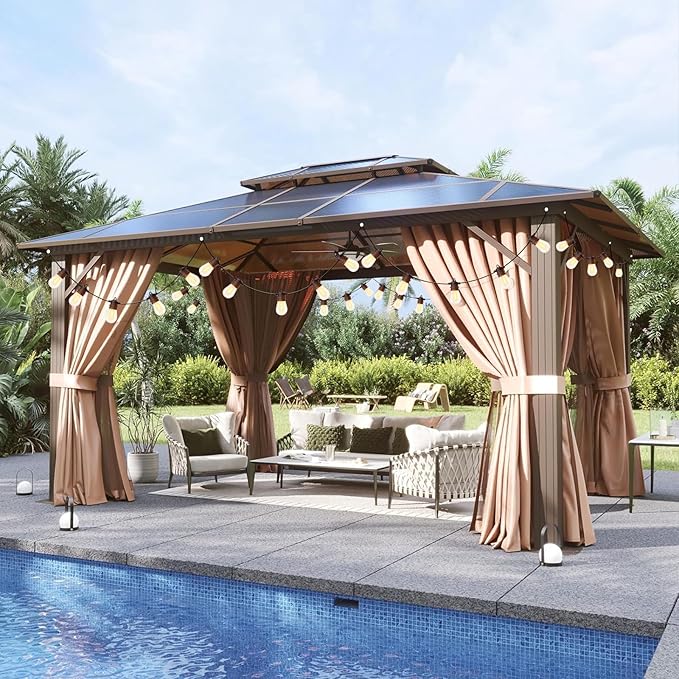 Aoxun 10'x12' Hardtop Gazebo, Aluminum Frame Permanent Pavilion with Light, Curtains and Netting, Outdoor Polycarbonate Gazebo, Double Roof Canopy, for Gardens, Patios, Lawns