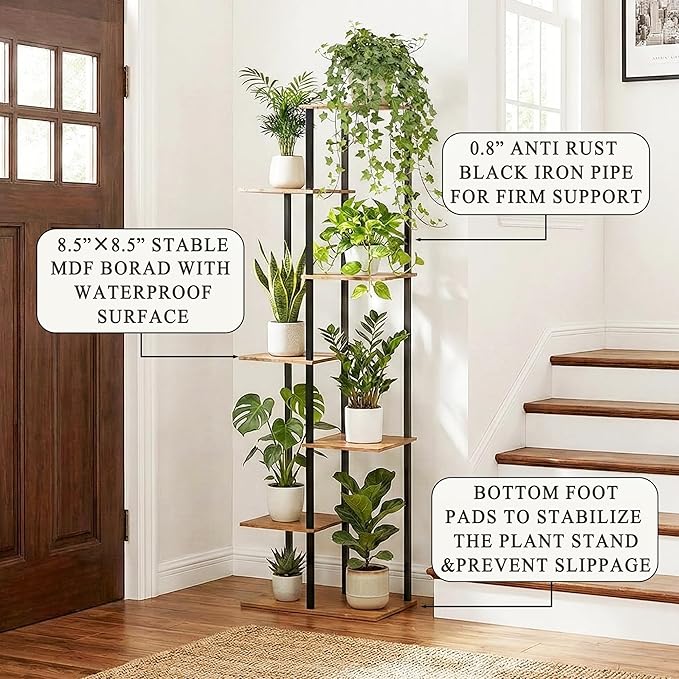 Plant Stand Indoor 7 Tier 8 Potted Metal Wood Plant Shelf, Multiple Flower Pots Corner Tall Plant Holder Stands for Living Room Balcony Bedroom, Rustic Brown
