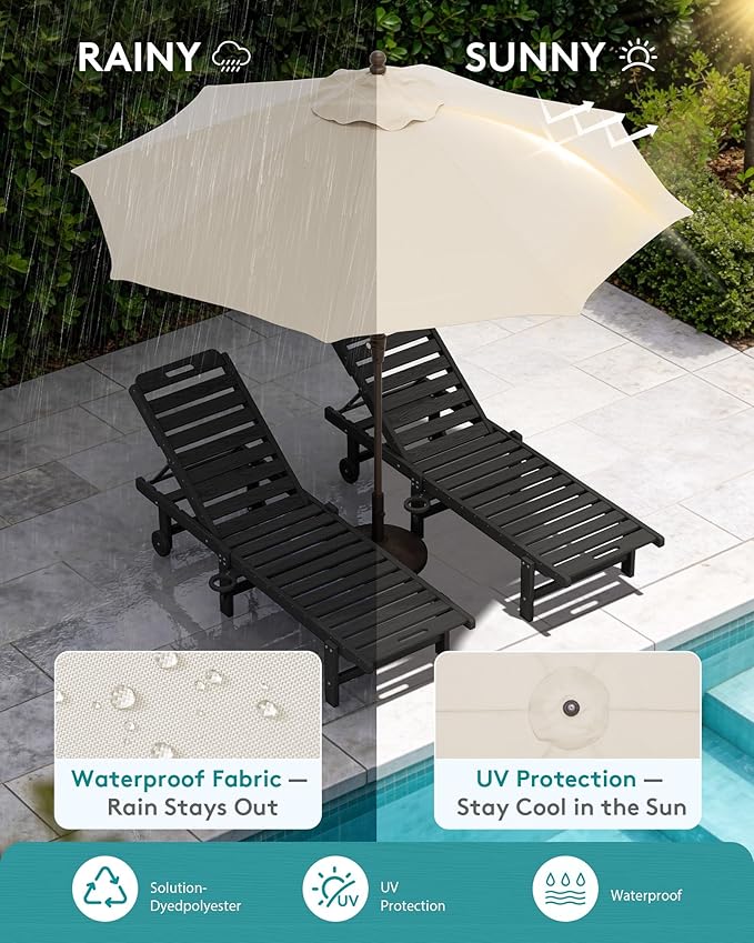 SERWALL Outdoor Chaise Lounge Set of 2 with 9FT Umbrella, HDPE Pool Lounge Chair with 5-Position Adjustable Backrest, Patio Lounger with Rolling Wheels & Cup Holder for Pool, Black
