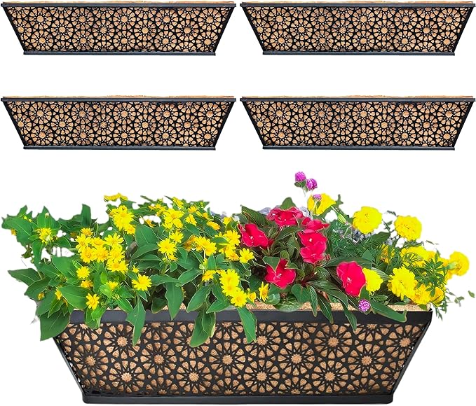 4 Pack 30" Railing Planter Window Box Deck Balcony Rail Planter Black Metal Flower Basket Horse Trough Planter with Coco Fiber Liner for Porch Fence Patio Outdoor