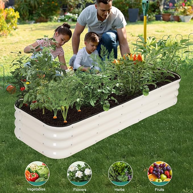 4 in 1 Galvanized Raised Garden Bed - 6x2x1ft (2Packs) Modular Planter Box Outdoor | Metal Raised Bed Kit with Bracing Rods for Gardening Vegetables Flowers Fruits Herbs (White)