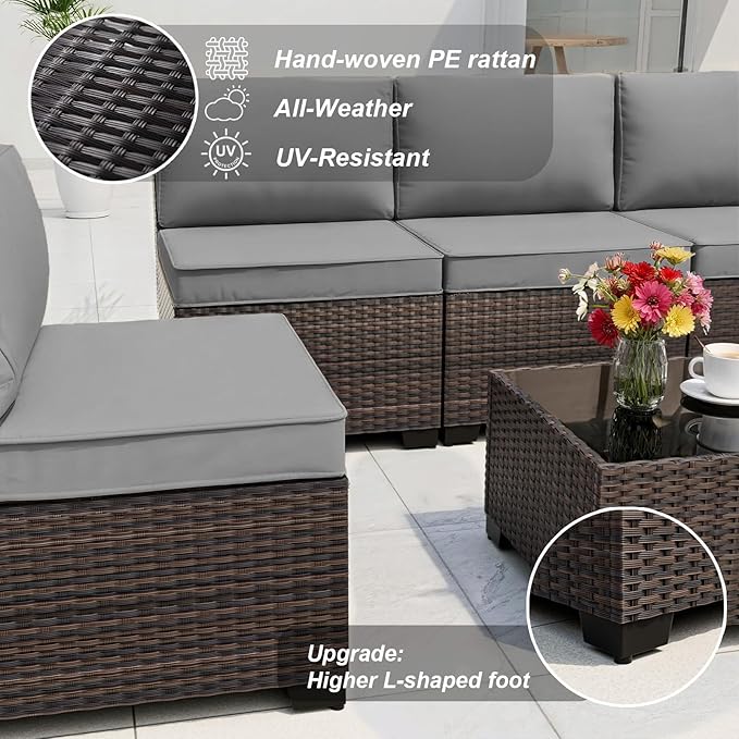 ALAULM Patio Furniture Set with 2 Swivel Chairs, Outdoor Sectional with 55000 BTU Fire Pit Table and Wide Seat, 11 Pieces Wicker Rattan Conversation Set with Coffee Table for Garden, Deck, Grey
