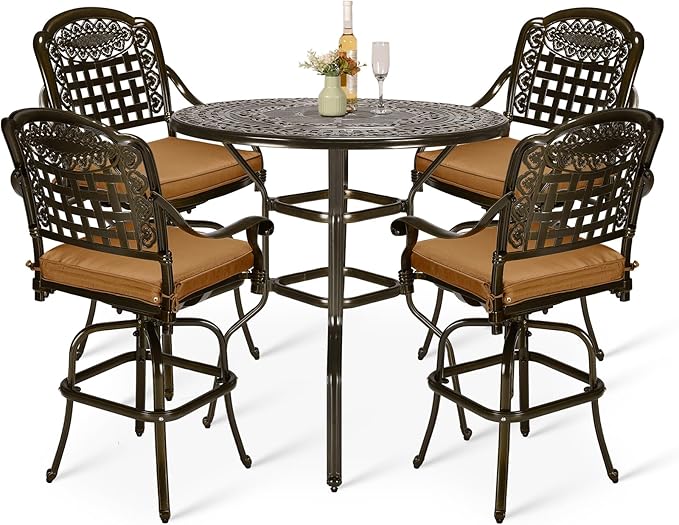 VIVIJASON 5-Piece Outdoor Swivel Bar Stools Set, All Weather Cast Aluminum Patio Bar Height Bistro Set with 4 Cushioned Bar Chairs & 38.5" High Bar Table w/Umbrella Hole for Backyard, Lawn, Garden