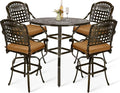 VIVIJASON 5-Piece Outdoor Swivel Bar Stools Set, All Weather Cast Aluminum Patio Bar Height Bistro Set with 4 Cushioned Bar Chairs & 38.5" High Bar Table w/Umbrella Hole for Backyard, Lawn, Garden