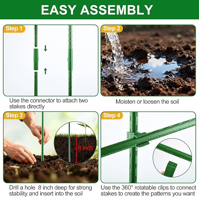 WAENLIR 16 Inch 24 Pack Extendable Garden Stakes Kit, DIY 4ft 5ft 6ft 7ft 8ft Plant Support Stakes with Connectors and Clips, Plastic Coated Metal Sticks for Tomato Indoor Outdoor