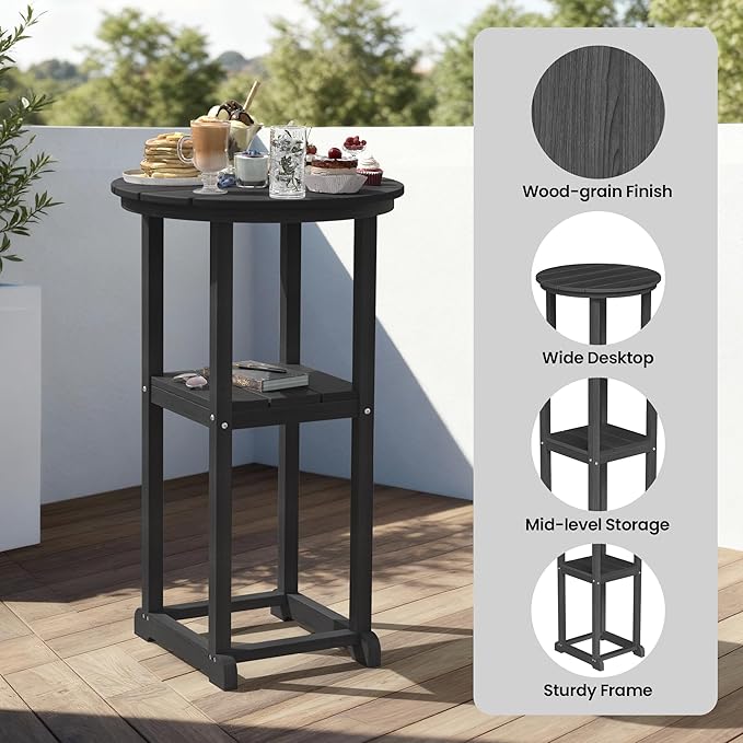 Ciokea 3 Pcs Compact Outdoor Bar Set, Space-Saving Round Bistro Set with 2 Backless Saddle Stools & Storage Shelf, All-Weather HDPE High-Top Table Set for Small Balcony, Patio and Poolside, Black
