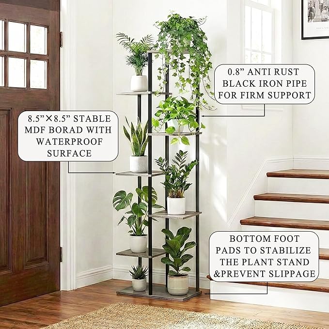 Plant Stand Indoor 7 Tier 8 Potted Metal Wood Plant Shelf, Multiple Flower Pots Corner Tall Plant Holder Stands for Living Room Balcony Bedroom, Oak Grey