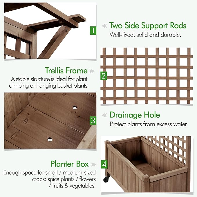 Yaheetech 72" H Horticulture Garden Planter with Trellis for Vine Climbing Plants, Raised Box Outdoor w/Drainage Holes Raised Garden Bed Planter Box for Flowers, Dark Brown