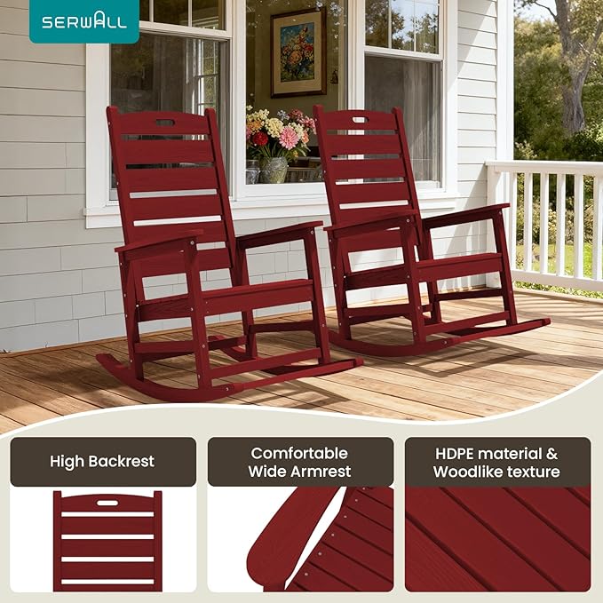 SERWALL Outdoor Rocking Chair, Oversized Rocking Chair with Footrest for Adults, HDPE All Weather Resistant Rocking Chairs for Patio, 350lbs Weight Capacity, Red