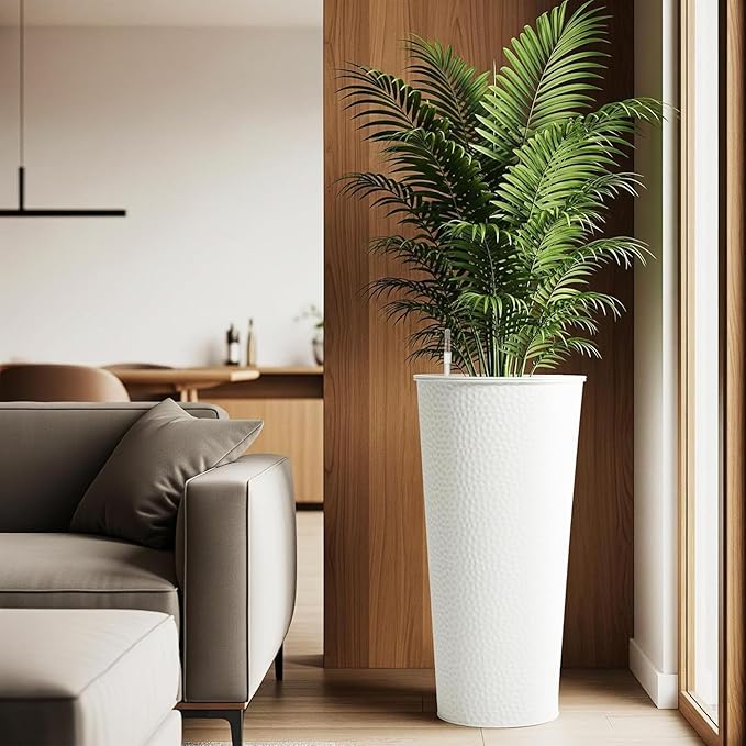 Worth 2 Pack 28" Tall Narrow Metal Planter with Inside Pot for Indoors or Outdoors, Deck, Patio or Front Porch, Hand-Hammered Texture, White