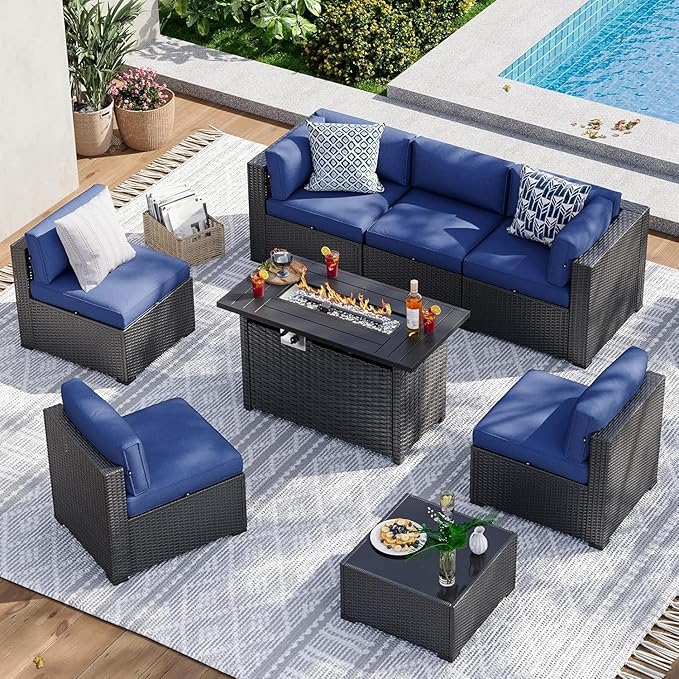 Aoxun 8 Piece Patio Furniture Set with 44” Fire Pit Table, Wicker Rattan Patio Sectional Sofa, Outdoor Furniture Set with Thickened Cushion, Blue