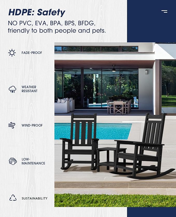 KINGYES Oversized Outdoor Rocking Chair, All-Weather Patio Rocking Chairs for Porch, HDPE Outdoor Patio Rockers with High Back & Wide Seat for Garden, Lawn, Black