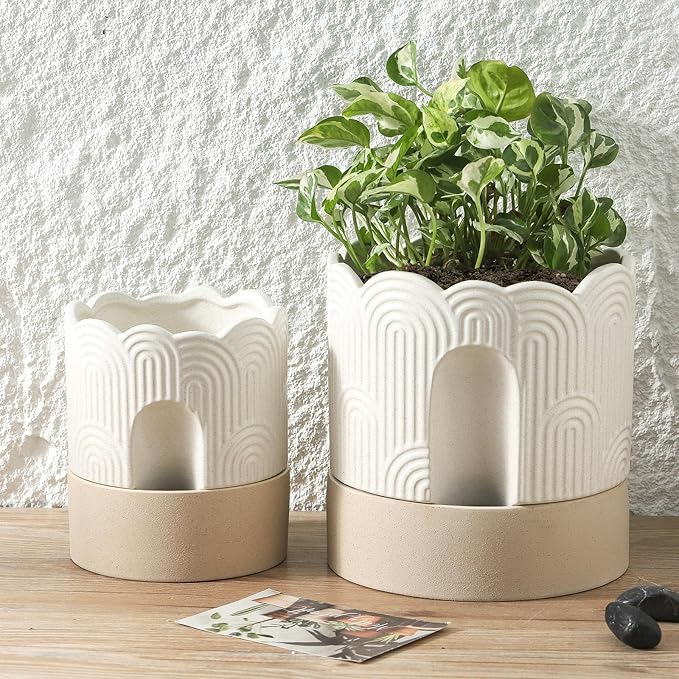 Nihow Self Watering Plant Pot for Indoor Plants with Wick: 8 Inch Ceramic Planter with Drainage Hole & Water Storage - Relief Design - Beige & Nature Flower Pot